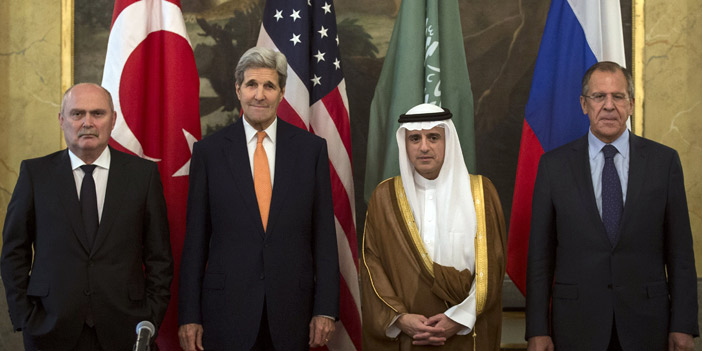  وزير الخارجية عادل الجبير مع نظرائه في اجتماع رباعية جنيف حول سوريا أمس