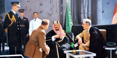 لقاء الملك عبد العزيز والرئيس الأمريكي في لوحة زيتية للفنان التشكيلي أحمد المغلوث 