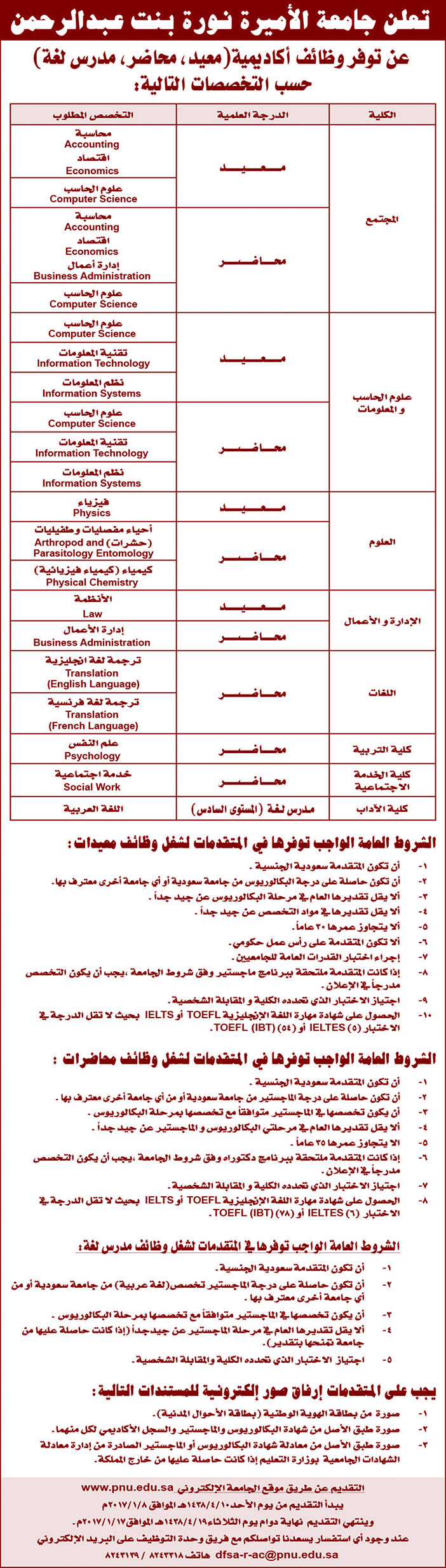 تعلن جامعة الأميرة نورة بنت عبدالرحمن عن توفر وظائف أكاديمية 