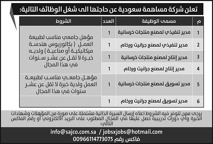 تعلن شركة مساهمة سعودية عن حاجتها لشغل الوظائف التالية 
