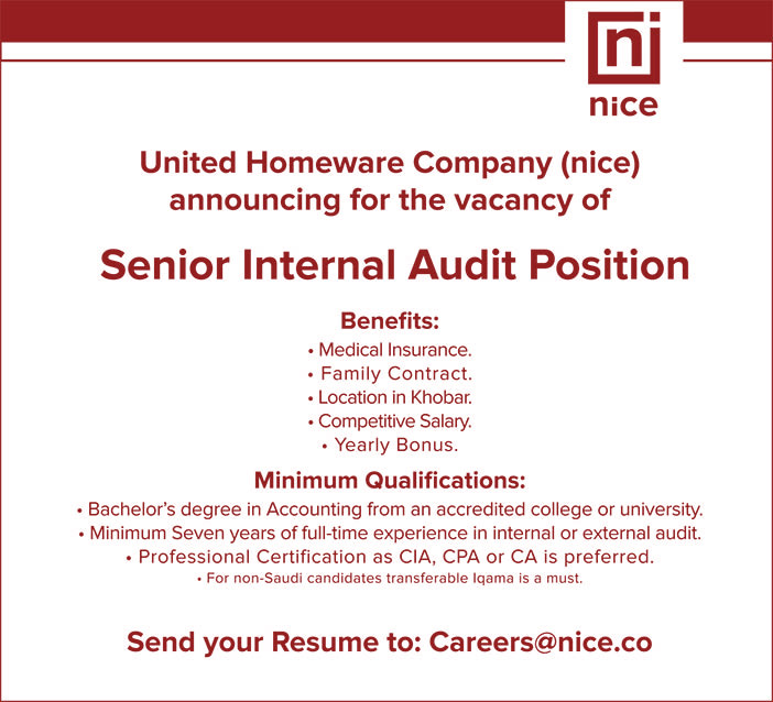 United Homeware Company announcing for the vacancy of Senior Internal Audit Position 