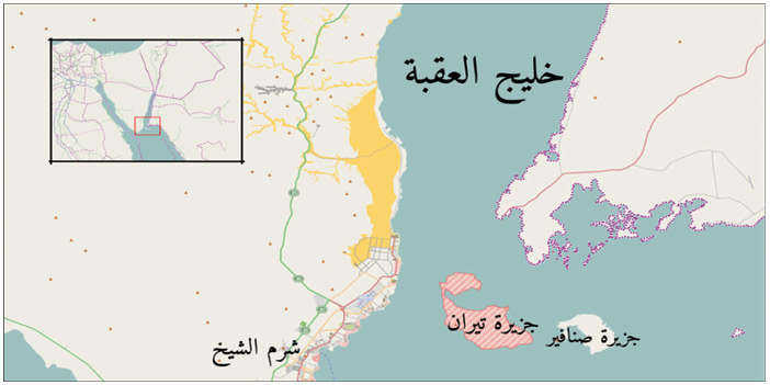  رسم تقريبي لموقعي جزيرتي تيران وصنافير ضمن المياه الإقليمية السعودية