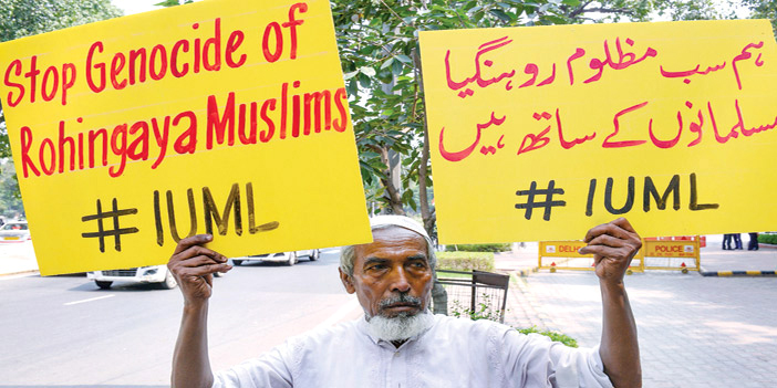  ناشط في الهند يرفع لوحتين يعبر فيهما عن تضامنه مع الأقلية الروهينغية