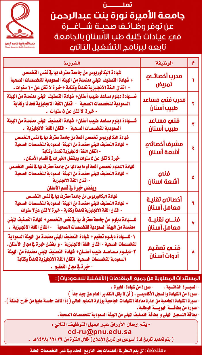 جامعة الأميرة نورة بن عبدالرحمن عن توفر وظائف صحية شاغرة 