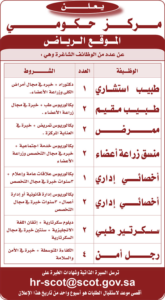 يعلن مركز حكومي الموقع الرياض عن عدد من الوظائف الشاغرة 