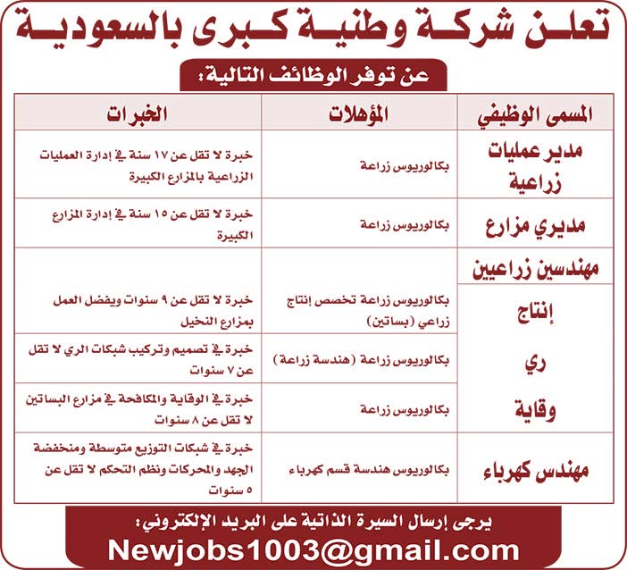 تعلن شركة وطنية كبرى بالسعودية عن توفر الوظائف التالية 