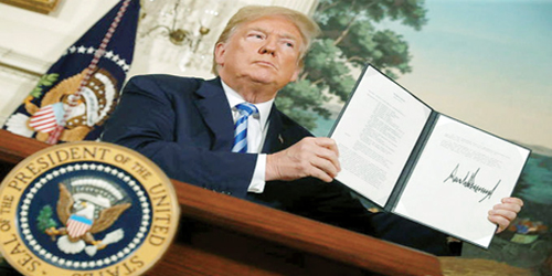 أعلن انسحاب الولايات المتحدة من اتفاق «5 + 1» وإعادة عقوبات مضاعفة على إيران 