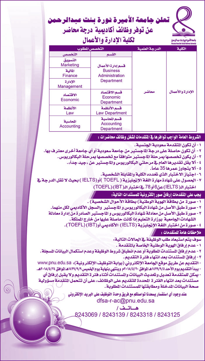 تعلن جامعة الأميرة نورة بنت عبدالرحمن عن الوظائف التالية 
