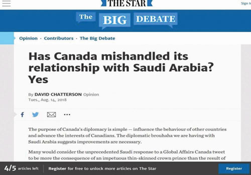 مقال السفير المنشور في صحيفة «تورنتو ستار» الكندية أمس الثلاثاء