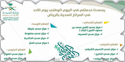 صحة الرياض تخصص 14 مركزا صحيا مناوبا في إجازة اليوم الوطني