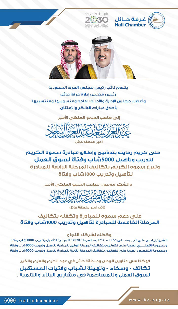 تهنئة غرفة حائل إلى صاحب السمو الملكي الأمير عبدالعزيز بن سعد بن عبدالعزيز أل سعود 