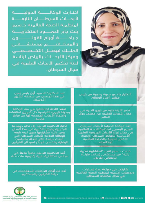 اختيار د. سمر الحمود رئيسة لأعلى لجنة دولية لتحكيم أبحاث السرطان بالصحة العالمية 