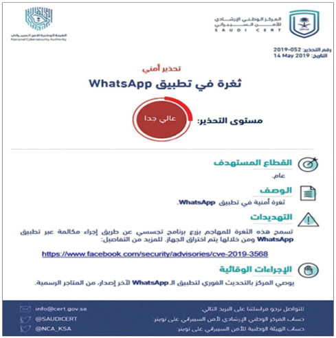 ‎المركز الوطني الإرشادي للأمن السيبراني يحذر من ثغرة أمنية في تطبيق WhatsApp 