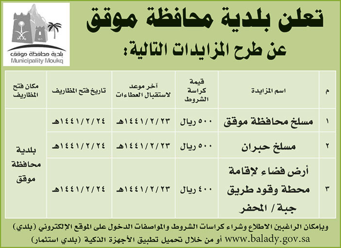 تعلن بلدية محافظة موقق عن طرح المزايدات التالية 
