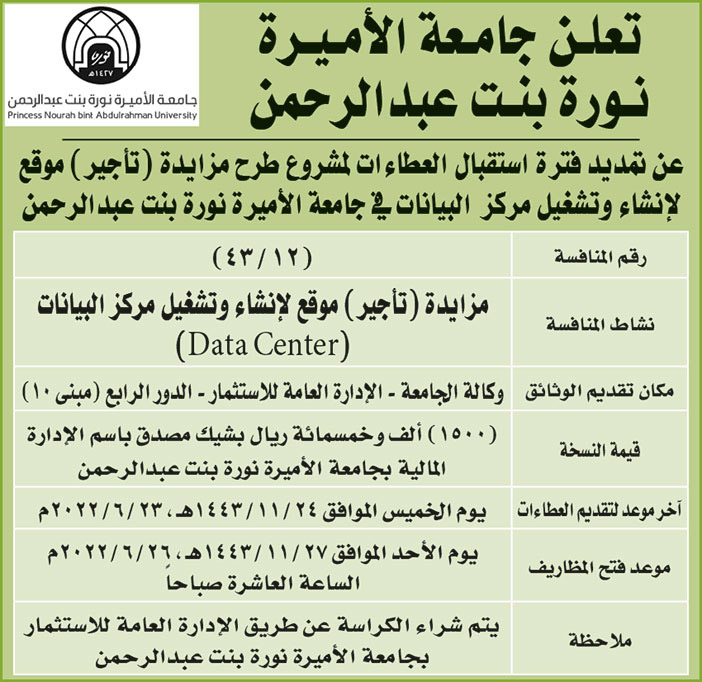 جامعة الاميرة نورة بنت عبدالرحمن تمدد فترة استقبال العطاءات لمشروع طرح مزايدة (تأجير) موقع لإنشاء وتشغيل مركز البيانات في الجامعة 