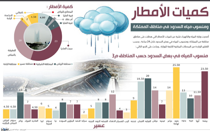 كميات الأمطار ومنسوب مياه السدود في مناطق المملكة