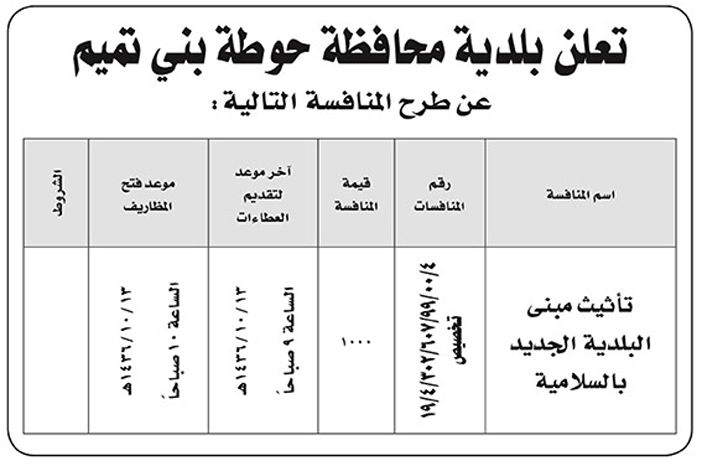 بلدية محافظة حوطة بنى تميم تعلن عن منافسة 