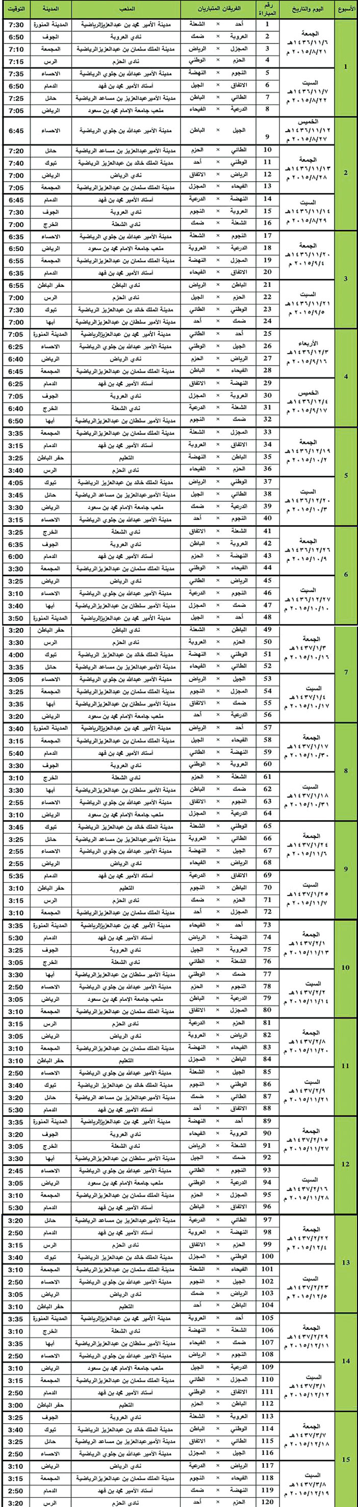 جدول مباريات بطولة دوري الدرجة الأولى للموسم الرياضي 2015 - 2016 
