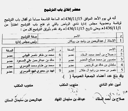  محضر مكتب الرئاسة بالرياض المتضمن أسماء المرشحين