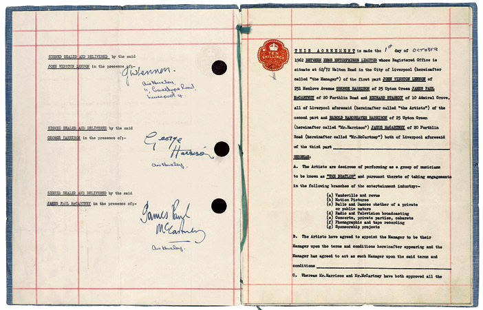  النسخة الحقيقية لعقد تأسيس فرقة البيتلز المتوقع أن تحصد نحو 760 ألف دولار بمزاد سوذبي في لندن