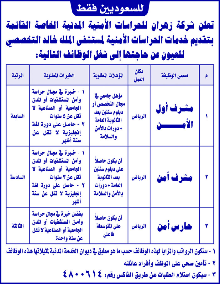 شركة زهران للحراسات الامنية تعلن عن وظائف للسعوديين فقط 