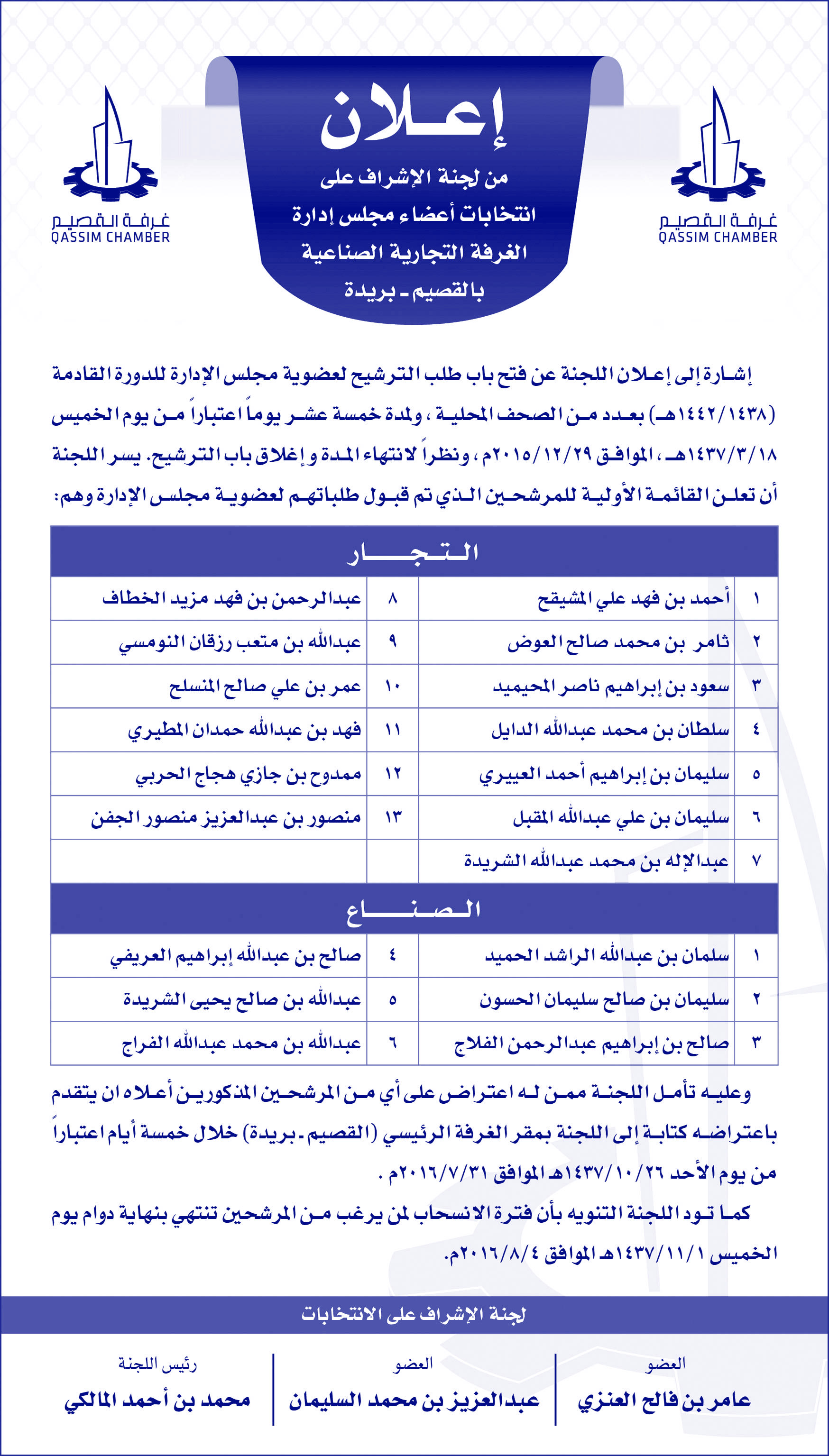 إعلان من لجنة الإشراف على الإنتخابات مجلس إدارة غرفة الرياض 