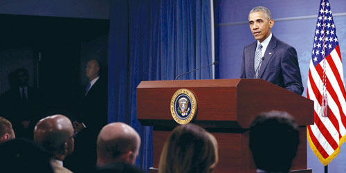   باراك أوباما متحدثاً في المؤتمر الصحفي مساء أمس