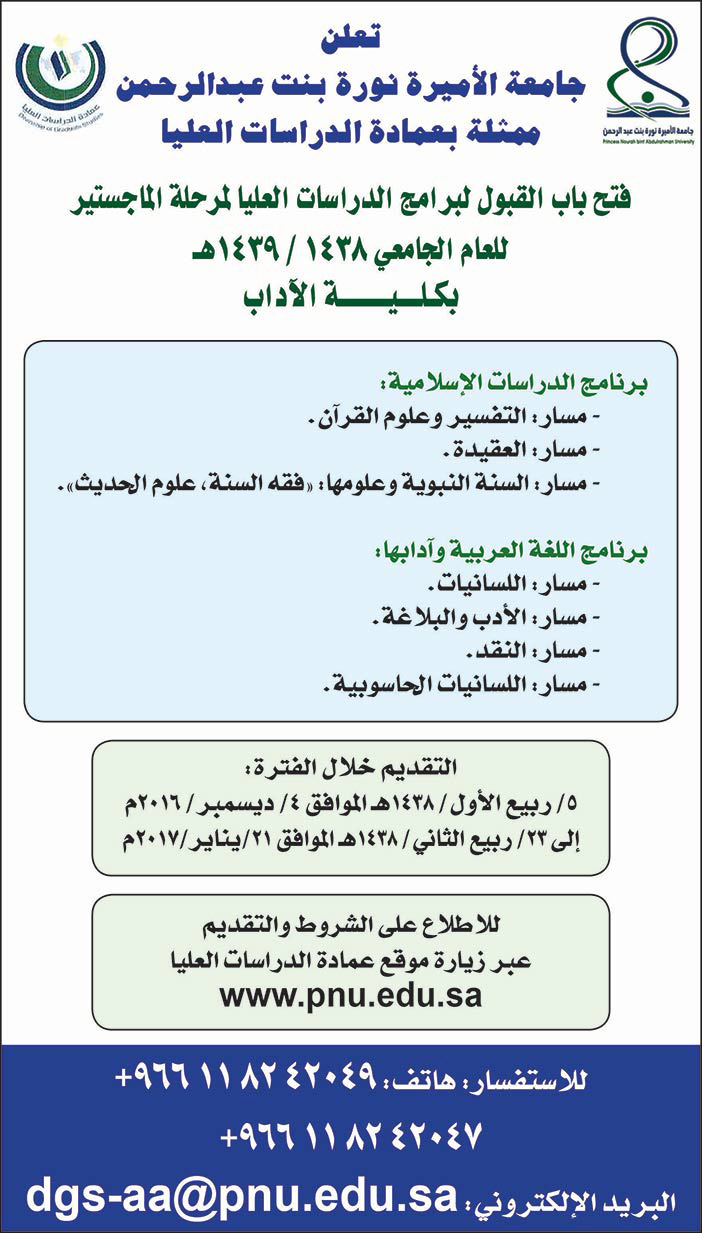 جامعة الأميرة نورة بنت عبدالرحمن تعلن عن فتح باب القبول لبرامج الدراسات العليا لمرحلة الماجستير 