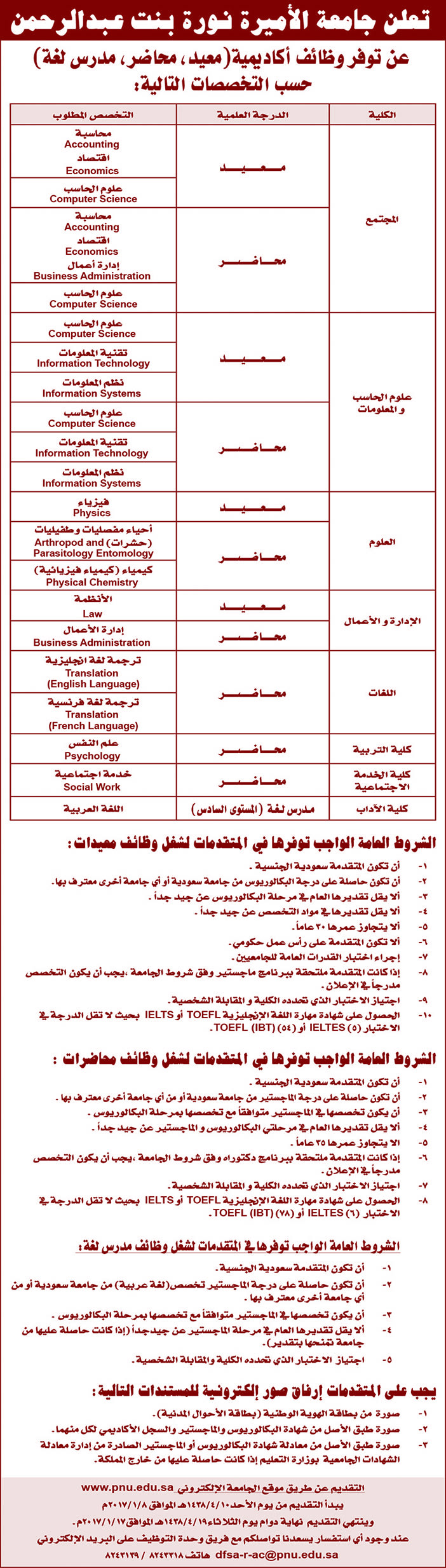 تعلن جامعة الأميرة نورة بنت عبدالرحمن عن توفر وظائف أكاديمية 