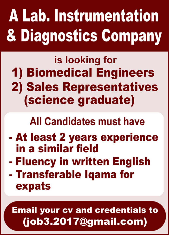 A Lab. Instrumentation and Diagnostics Company is Looking for 