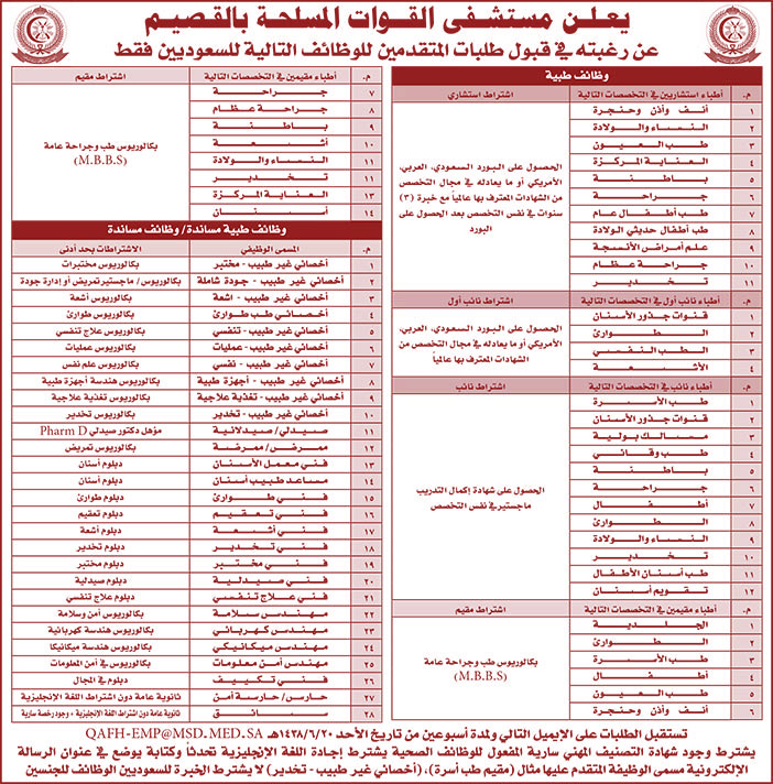 يعلن مستشفى القوات المسلحة عن رغبته فى قبول طلبات المتقدمين للوظائف التالية 