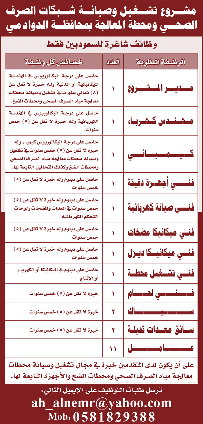 مشروع تشغيل وصيانة  شبكات الصرف الصحي ومحطة المعلجة بمحافظة الدوادمي وظائف شاغرة للسعوديين فقط 