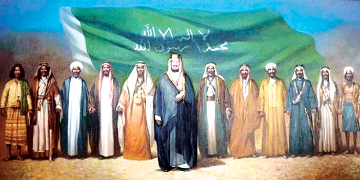  لوحة تجمع الموحد الملك عبد العزيز مع أبناء مناطق المملكة رسم متخيل للفنان عامر علي