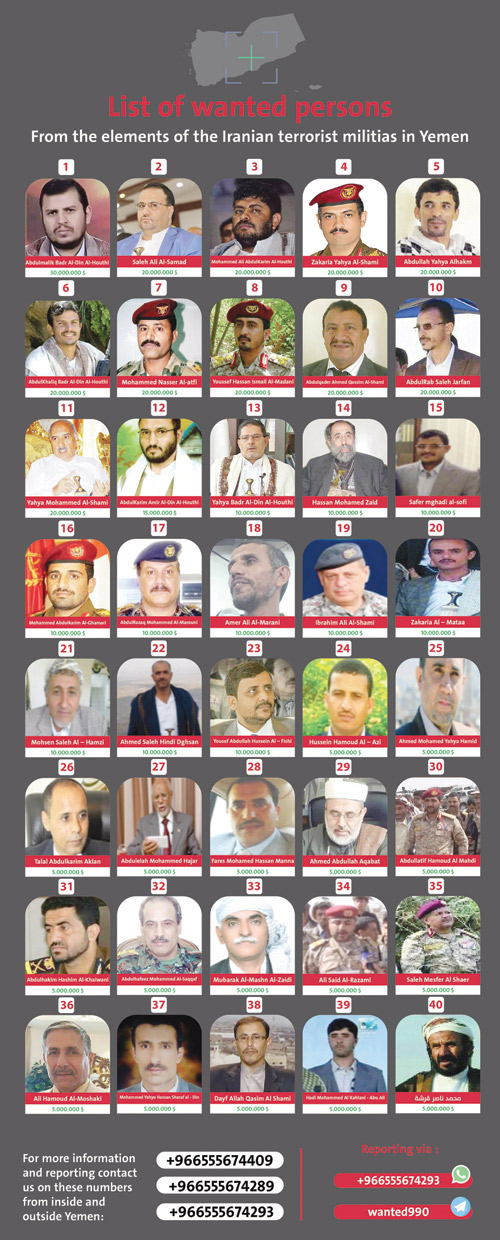 المملكة تعلن أرقام تلقي البلاغات عن قائمة الـ ( 40 ) من عناصر الحوثي الإرهابية 