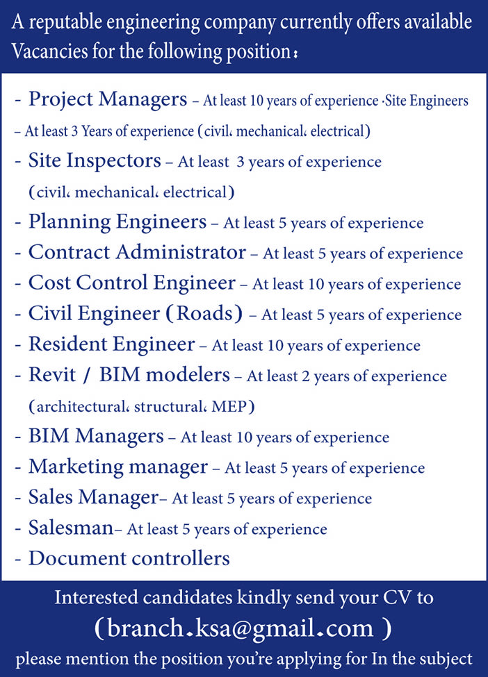 A reputable engineering company cuttently offers available Vacancies for the following position 