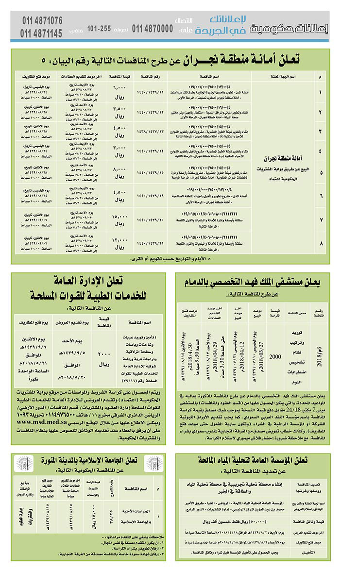 مناقصات حكومية (بناء - استئجار - هدم - نقل - صيانة - تشغيل - شراء – بيع) 
