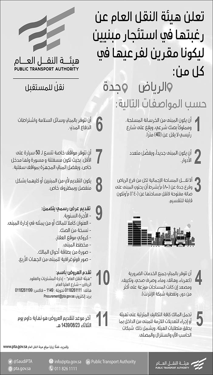 هيئة النقل العام تعلن عن رغبتها في استئجار مبنيين في كل من الرياض وجدة 