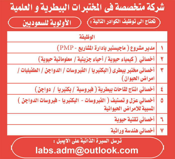 شركة متخصصة فى المختبرات البيطرية والعلمية تحتاج إلى توظيف الكوادر التالية 