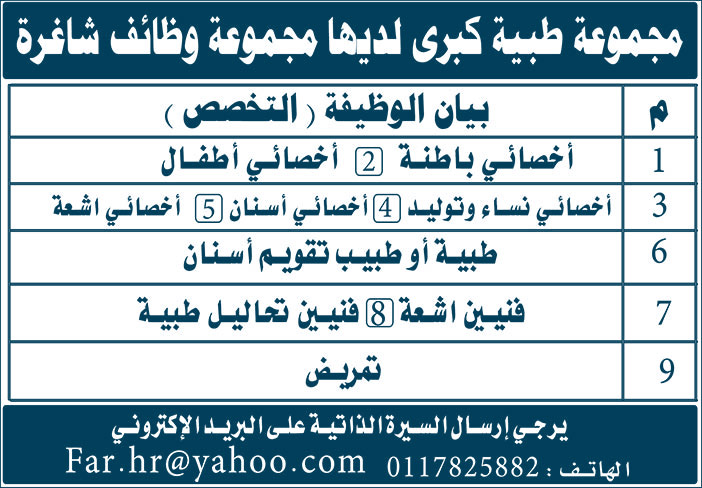 مجموعة طبية كبرى لديها مجموعة وظائف شاغرة 