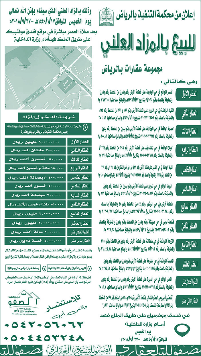 للبيع بالمزاد العلني مجموعة عقارات بالرياض 