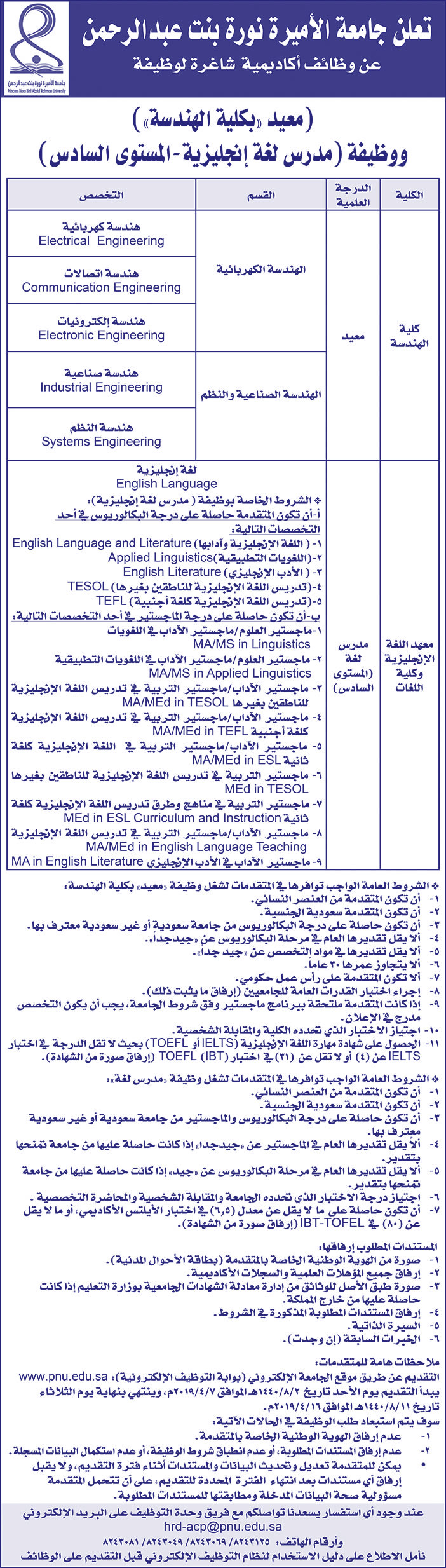 تعلن جامعة الأميرة نورة بنت عبدالرحمن عن الوظائف الأكاديمية التالية 