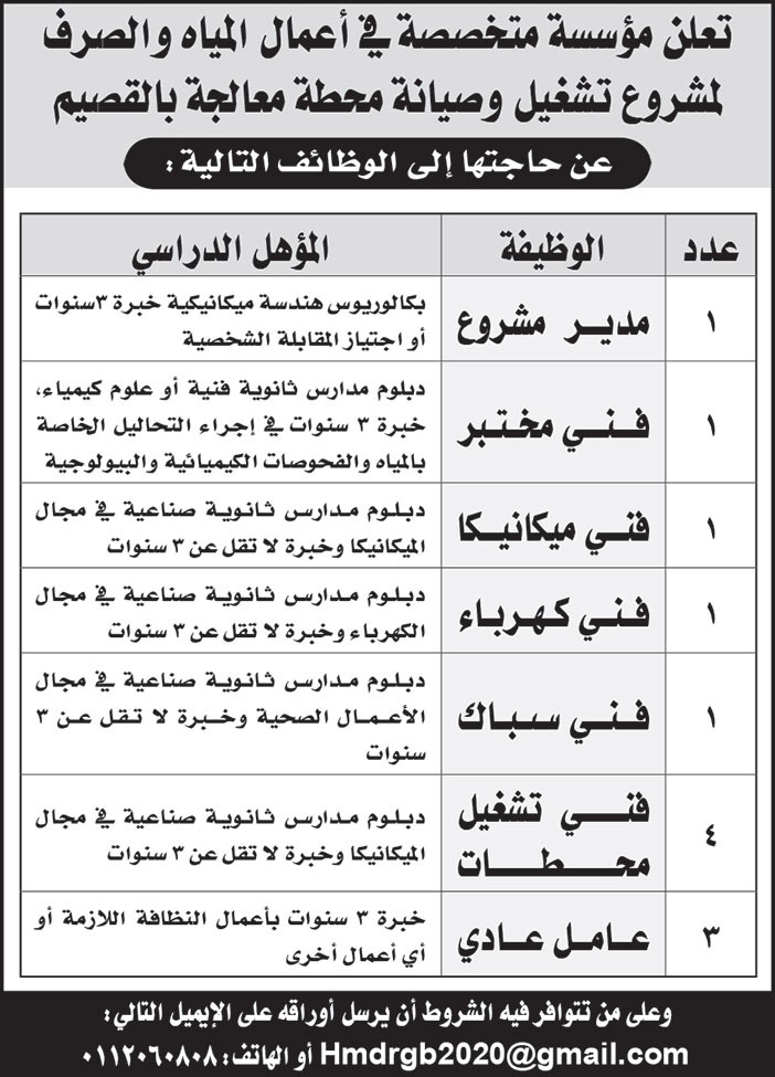 مؤسسة متخصصة في اعمال المياه والصرف لمشروع تشغيل وصيانة محطة معالجة القصيم تحتاج للوظائف التالية 