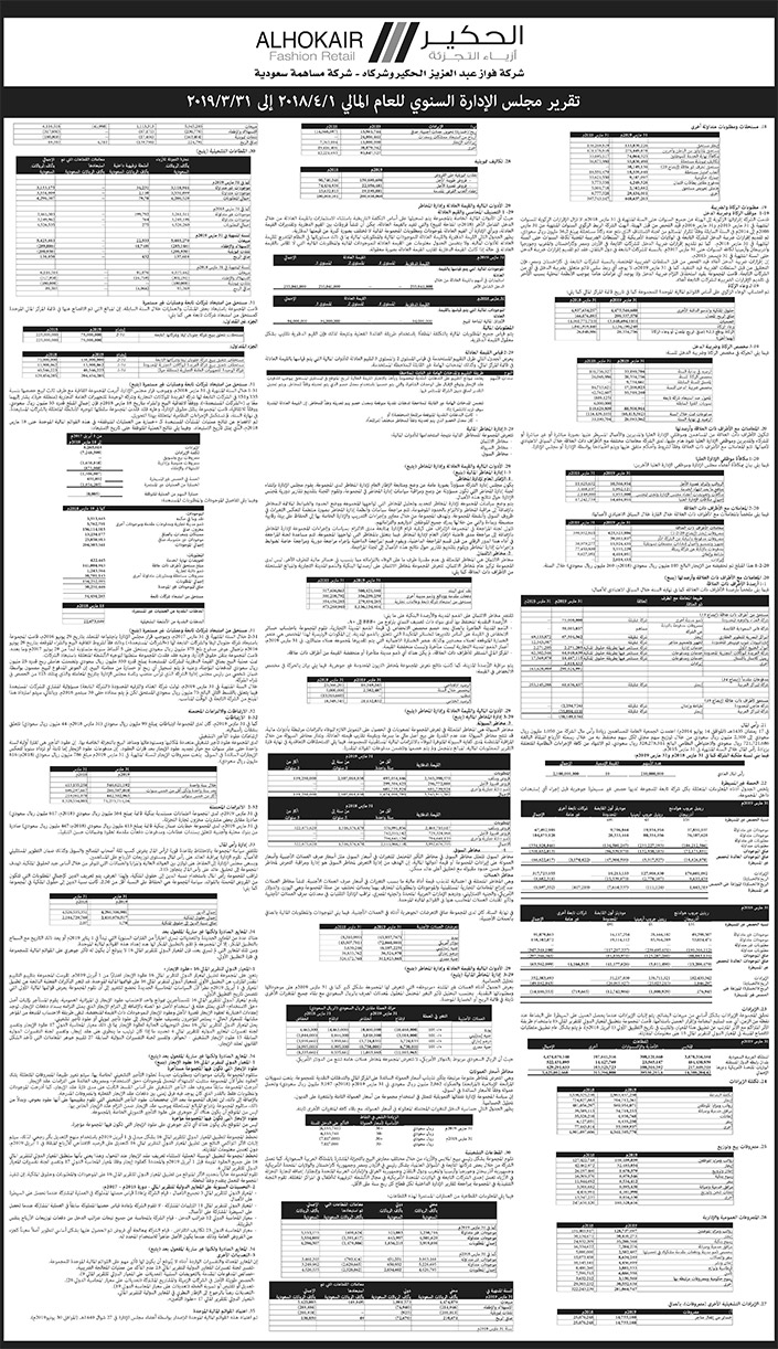 ميزانية شركة الحكير للعام المالي من  1/1/2018 م الى 31/3/2019 م 