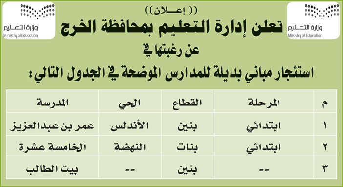تعلن ادارة التعليم بالخرج عن رغبتها في استئجار مباني بديلة للمدارس الموضحة في الجدول التالي 