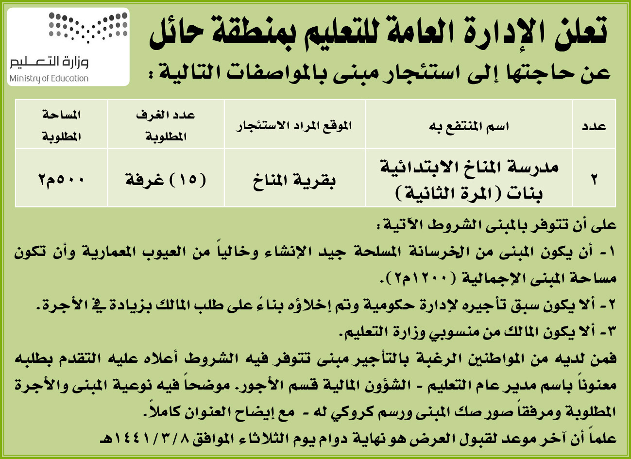 مناقصات حكومية (بناء - استئجار - هدم - نقل - صيانة - تشغيل - شراء – بيع) 