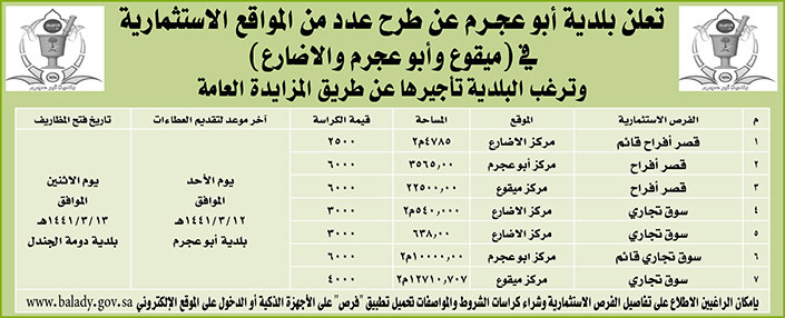 مناقصات حكومية (بناء - استئجار - هدم - نقل - صيانة - تشغيل - شراء – بيع) 