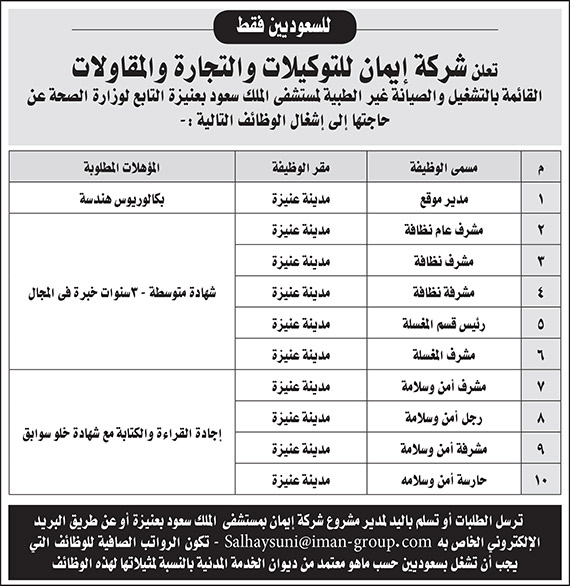 اعلان وظائف لشركة ايمان للتوكيلات والتجارة والمقاولات 