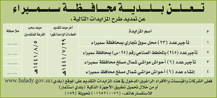 تعلن بلدية محافظة سميراء عن تمديد طرح المزايدات التالية 