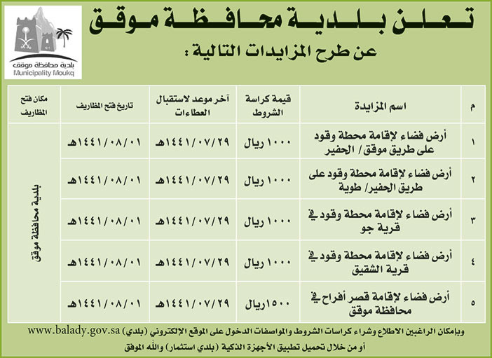 تعلن بلدية محافظة موقق عن طرح المزايدات التالية 