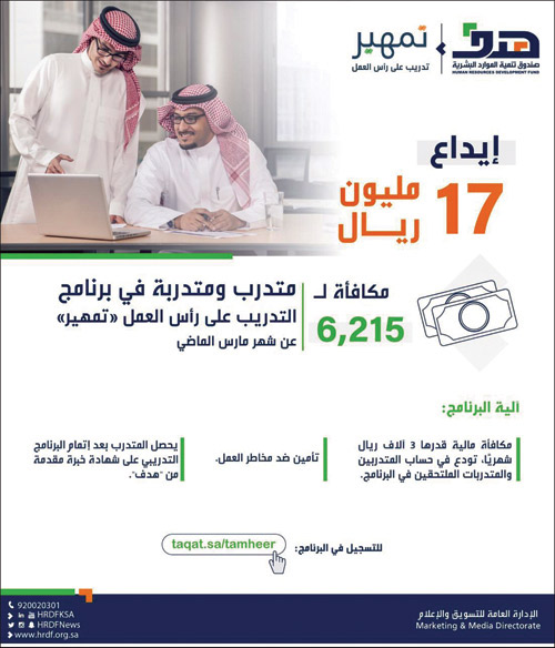 إيداع 17 مليون ريال مكافأة لـ(6215) متدرباً ومتدربة في (تمهير) 